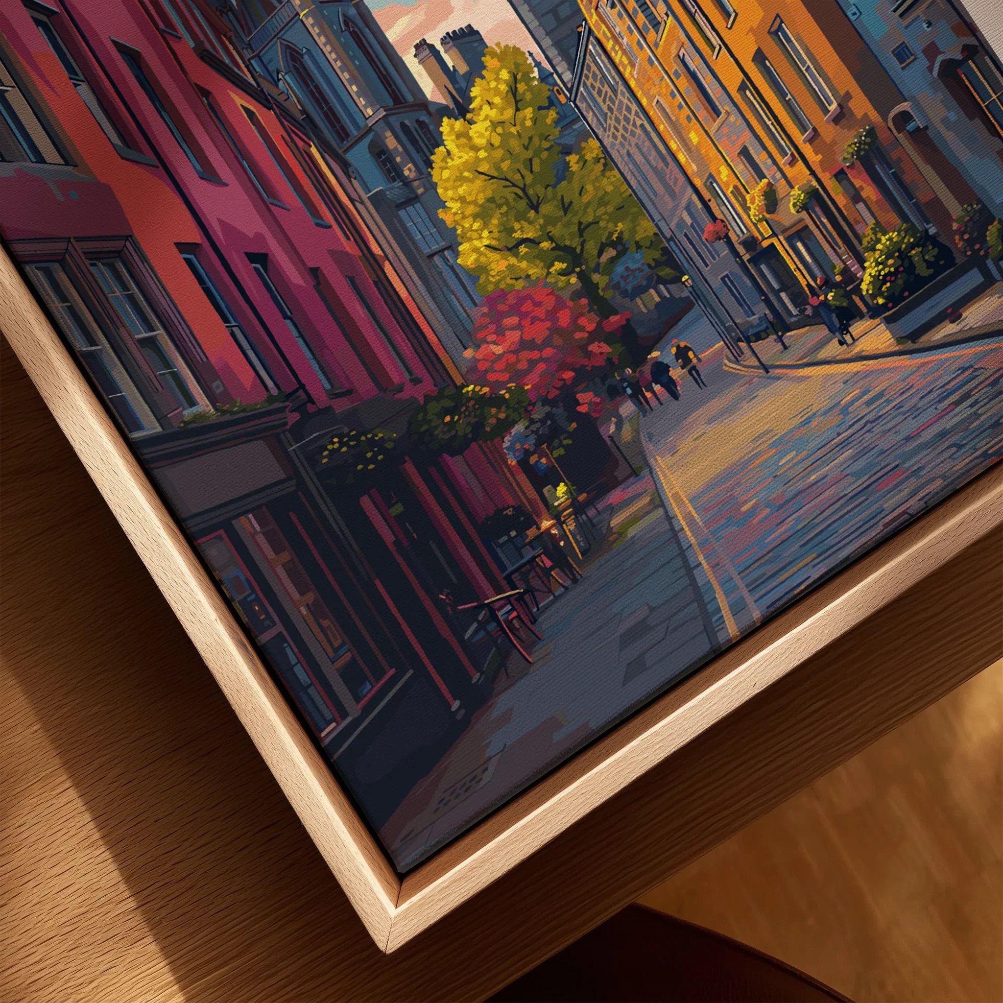 Vibrant city skyline wall art with autumn trees, colorful buildings, and street scene in wooden frame
