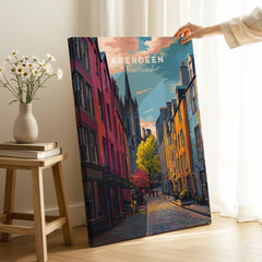 Aberdeen Scotland travel poster wall art with colorful city street scene, perfect for home decor