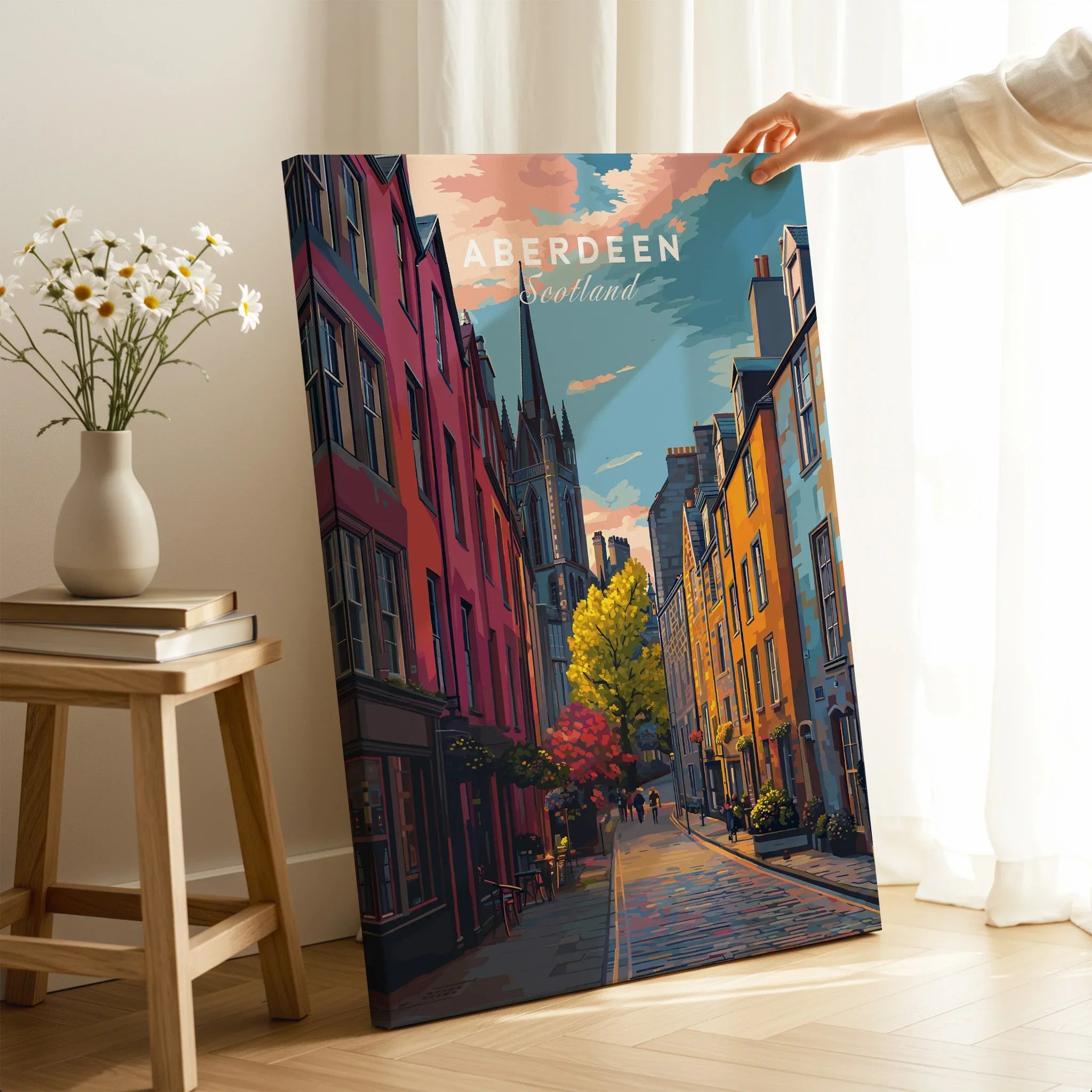 Aberdeen Scotland travel poster wall art with colorful city street scene, perfect for home decor