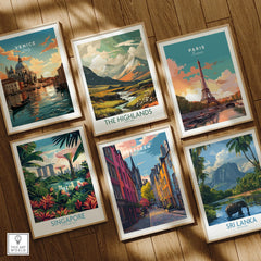 Framed travel posters of Venice, Paris, Scotland, Singapore, Aberdeen, and Sri Lanka for wall art decor
