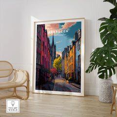 Aberdeen Scotland travel poster with colorful street art, perfect for city skyline wall decor.