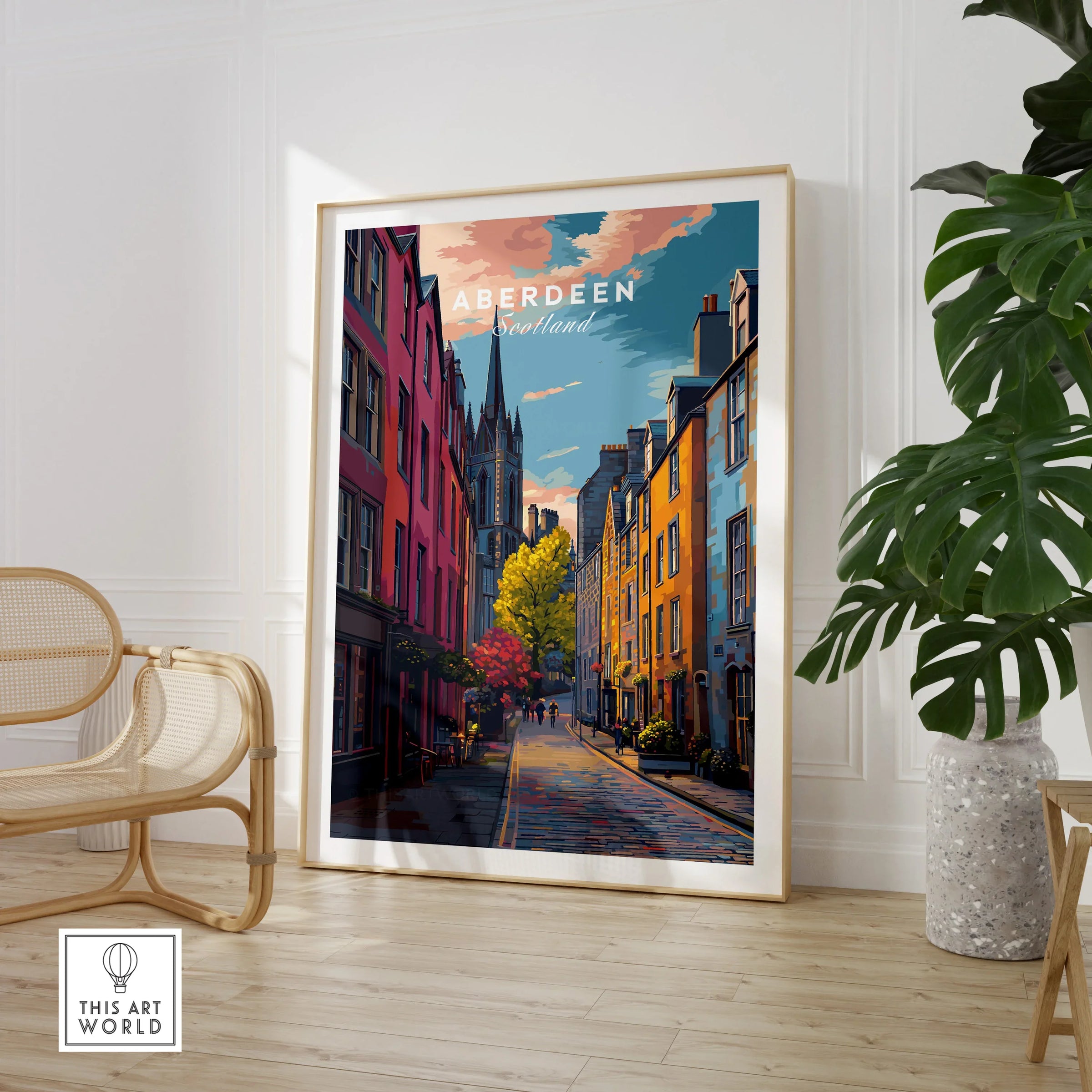 Aberdeen Scotland travel poster with colorful street art, perfect for city skyline wall decor.