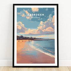 Aberdeen Scotland travel poster print featuring beach, city skyline, and cloudy sky for wall art decor