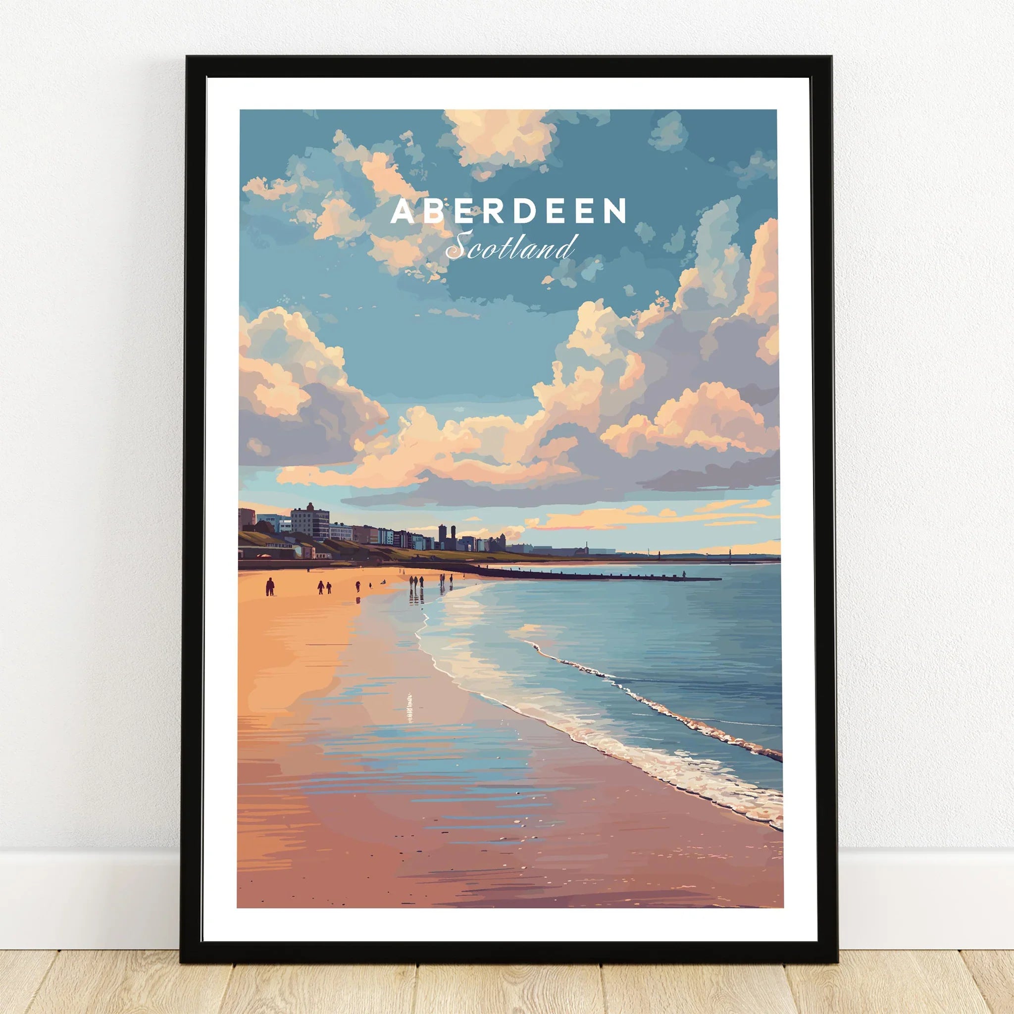 Aberdeen Scotland travel poster print featuring beach, city skyline, and cloudy sky for wall art decor