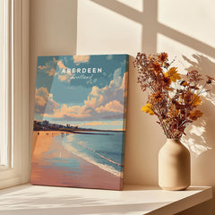 Aberdeen Scotland travel poster print with beach sunset, ideal for coastal wall art decor