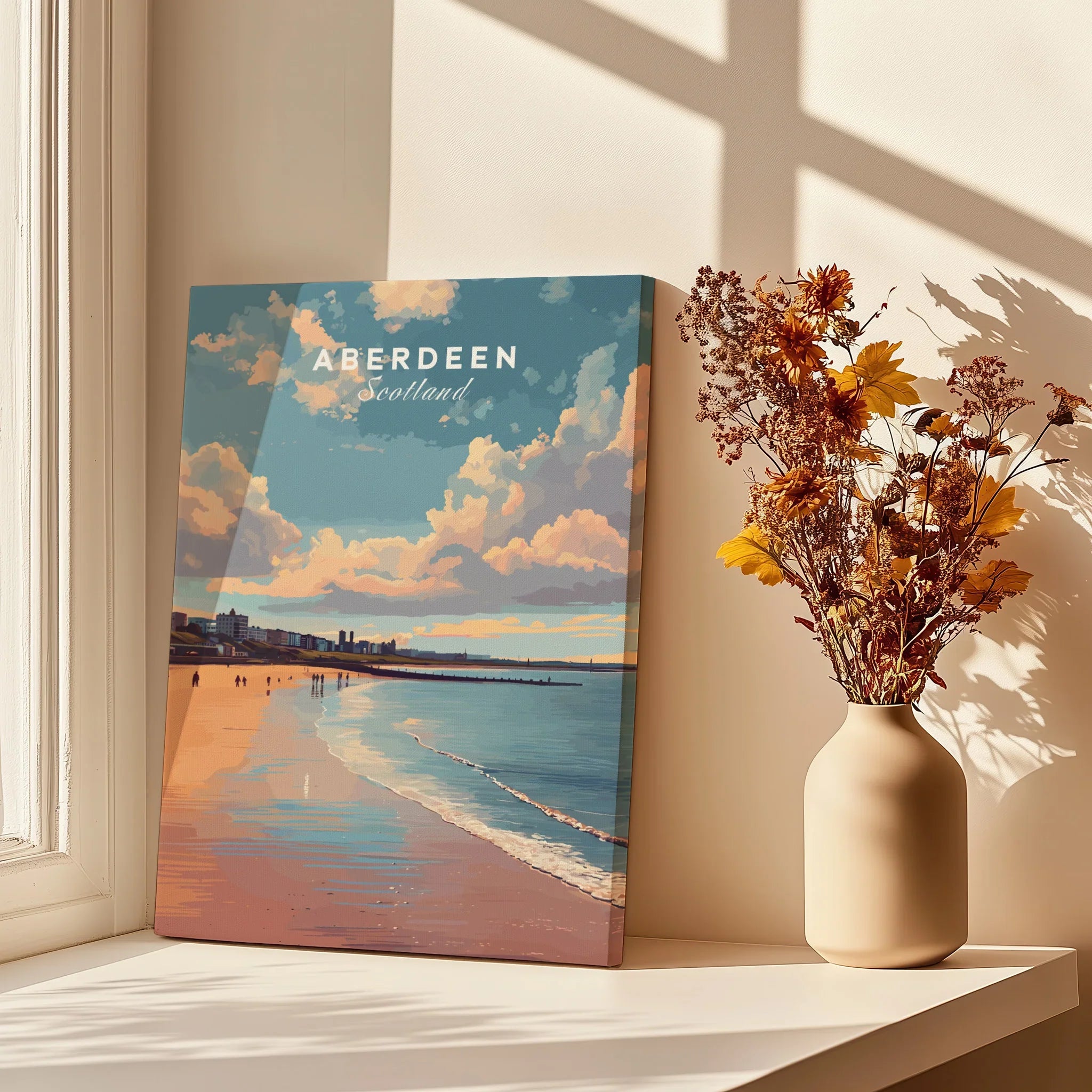 Aberdeen Scotland travel poster print with beach sunset, ideal for coastal wall art decor
