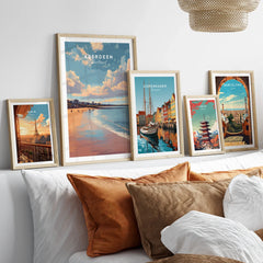 Framed travel posters of Paris, Aberdeen, Copenhagen, Tokyo, and Barcelona for home wall art decor