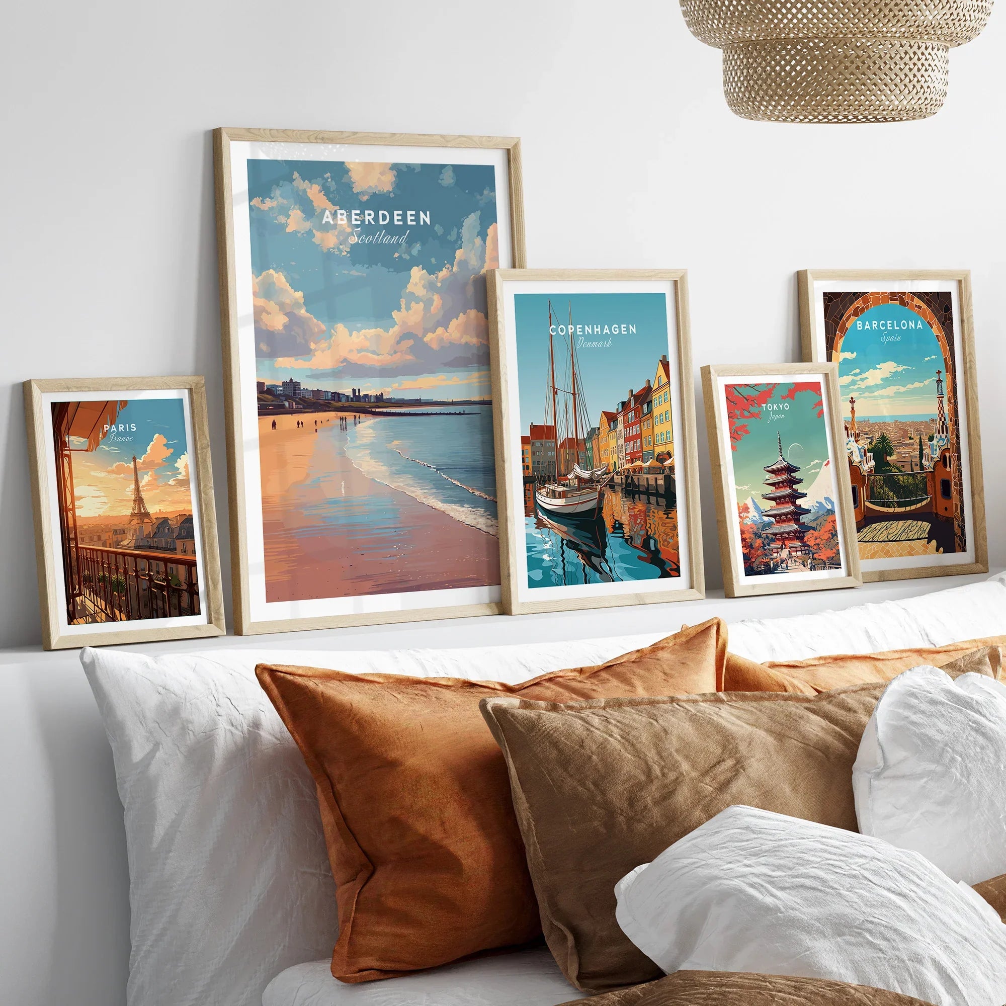 Framed travel posters of Paris, Aberdeen, Copenhagen, Tokyo, and Barcelona for home wall art decor