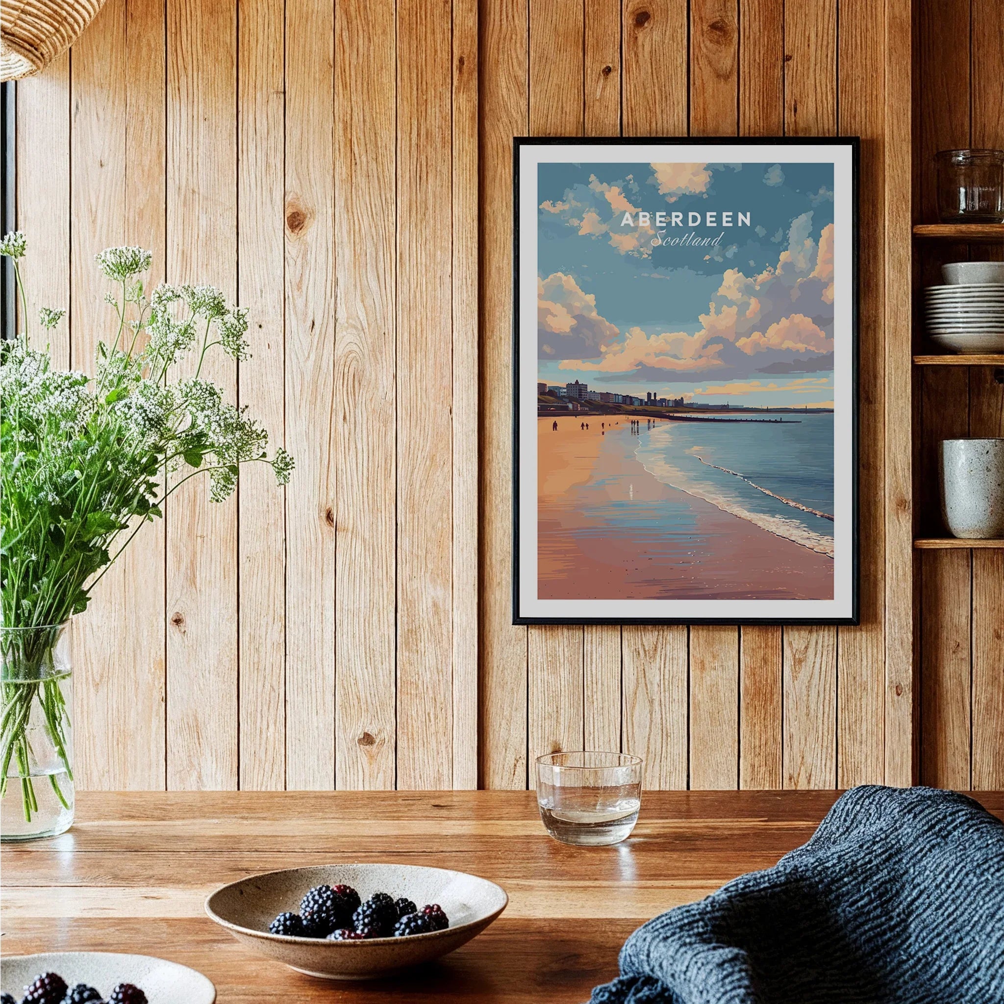Aberdeen Scotland travel poster print with beach skyline, perfect wall art for home decor