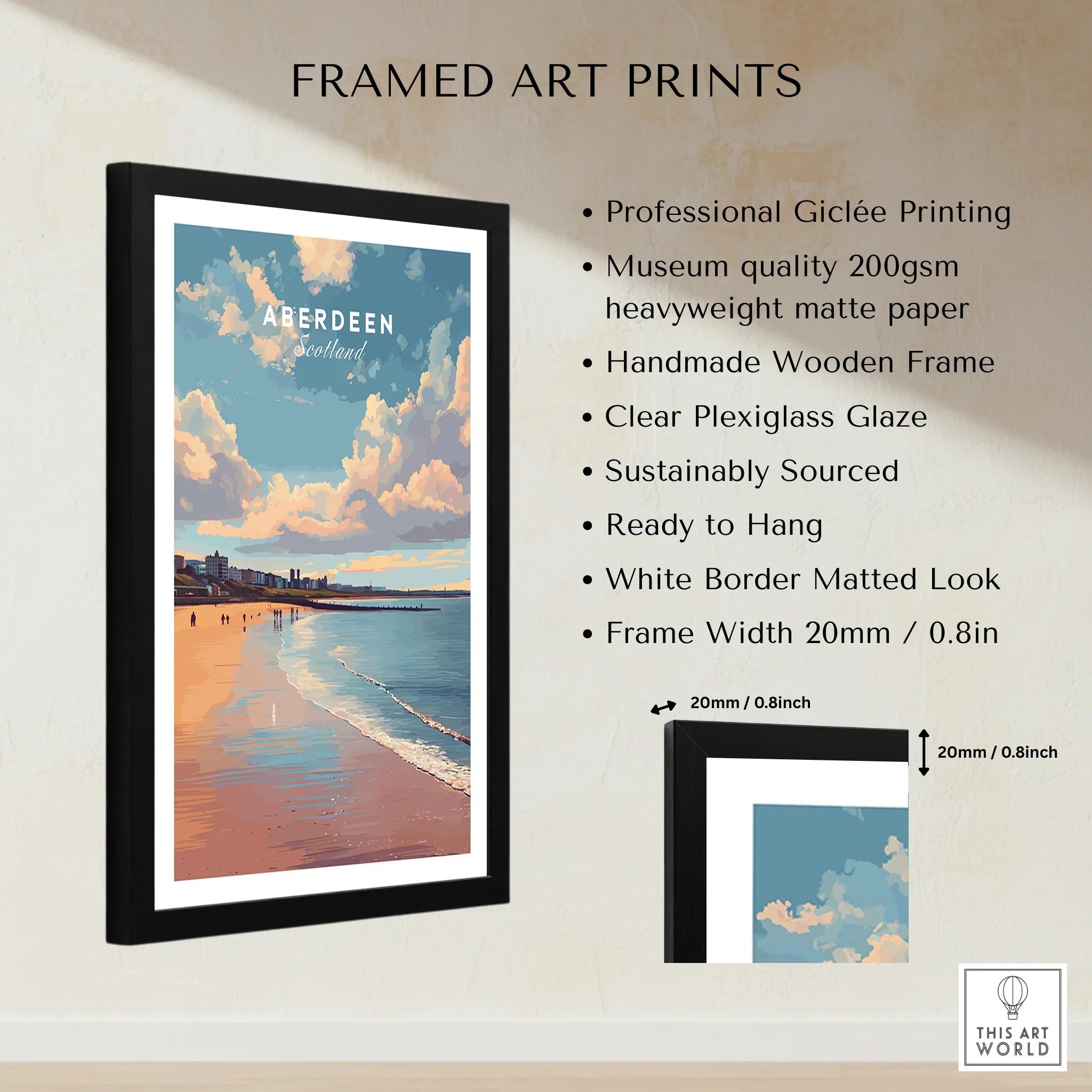 Framed Aberdeen Scotland travel poster art print with beach skyline, perfect for home wall decor