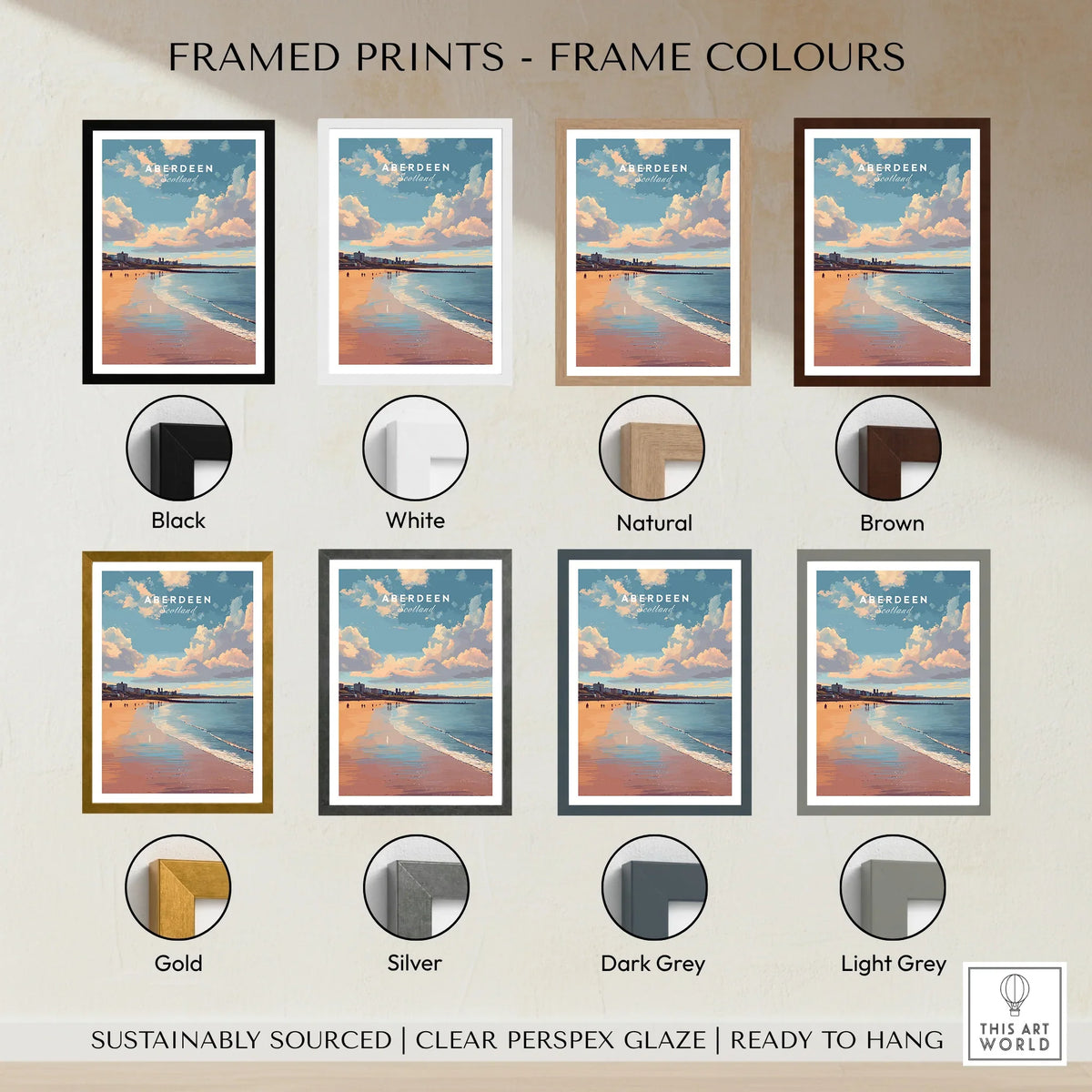 Aberdeen Scotland travel poster in eight frame colors: black, white, natural, brown, gold, silver, dark grey, light grey