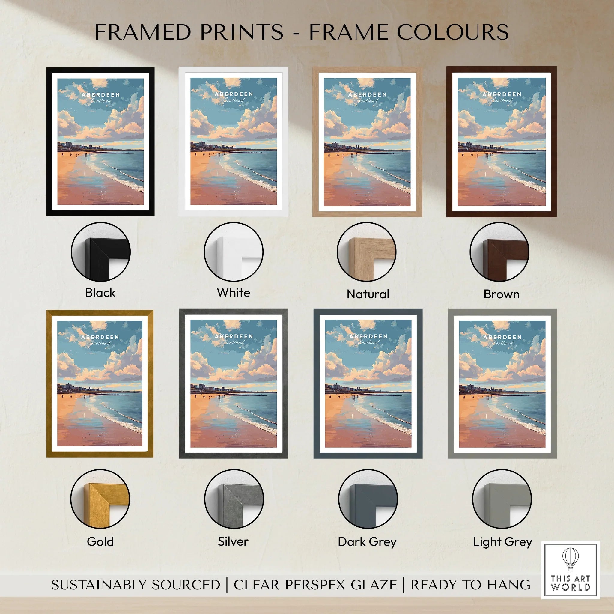 Aberdeen Scotland travel poster in eight frame colors: black, white, natural, brown, gold, silver, dark grey, light grey