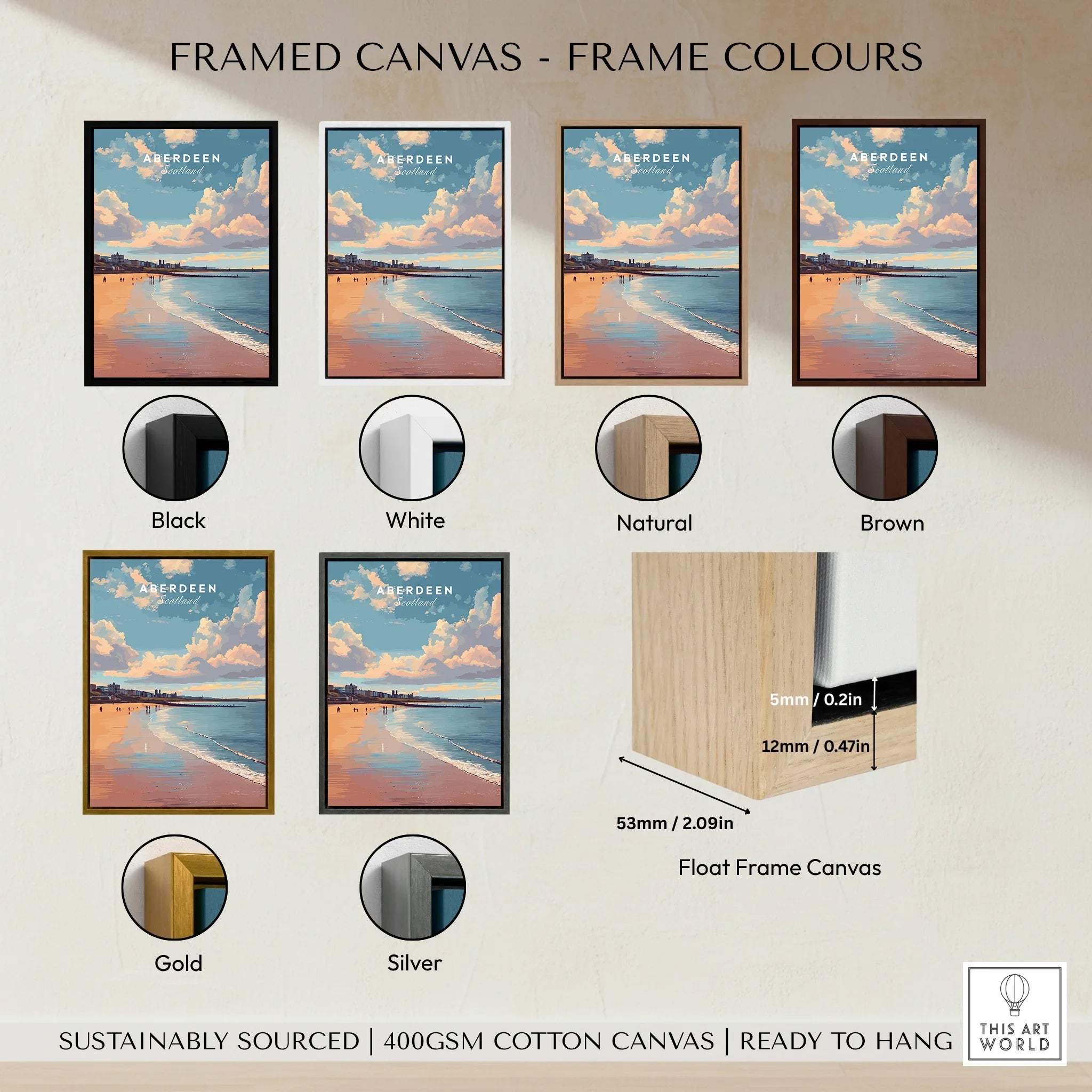 Aberdeen Scotland beach art print in six frame colors: black, white, natural, brown, gold, silver — float frame canvas