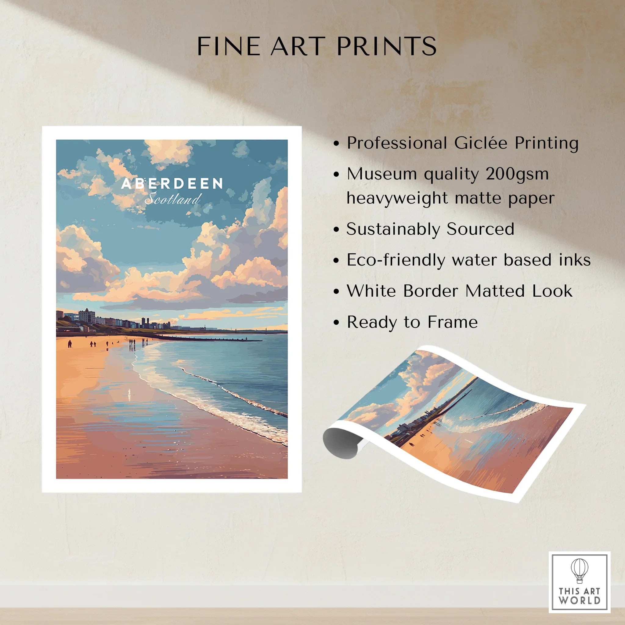 Aberdeen Scotland travel poster print with beach skyline, fine art giclée, ready to frame wall decor