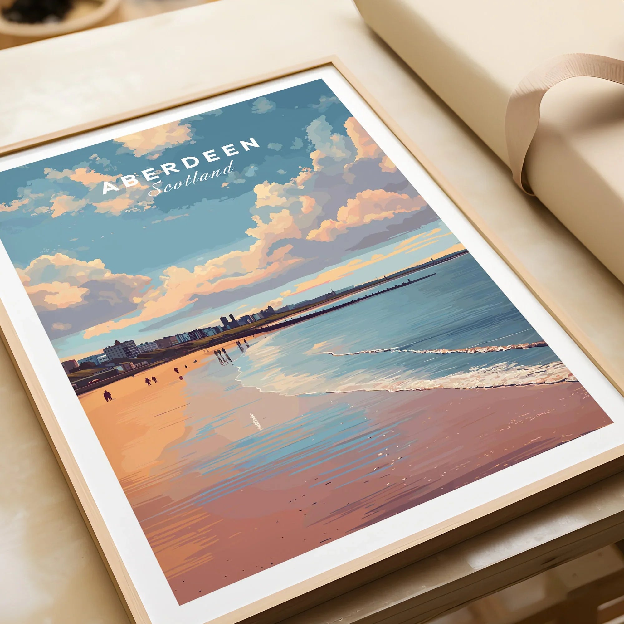 Aberdeen Scotland travel poster print with beach, city skyline, and sunset clouds, framed wall art