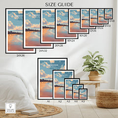 Aberdeen Scotland travel poster size guide for wall art, featuring beach skyline print in multiple frame sizes.