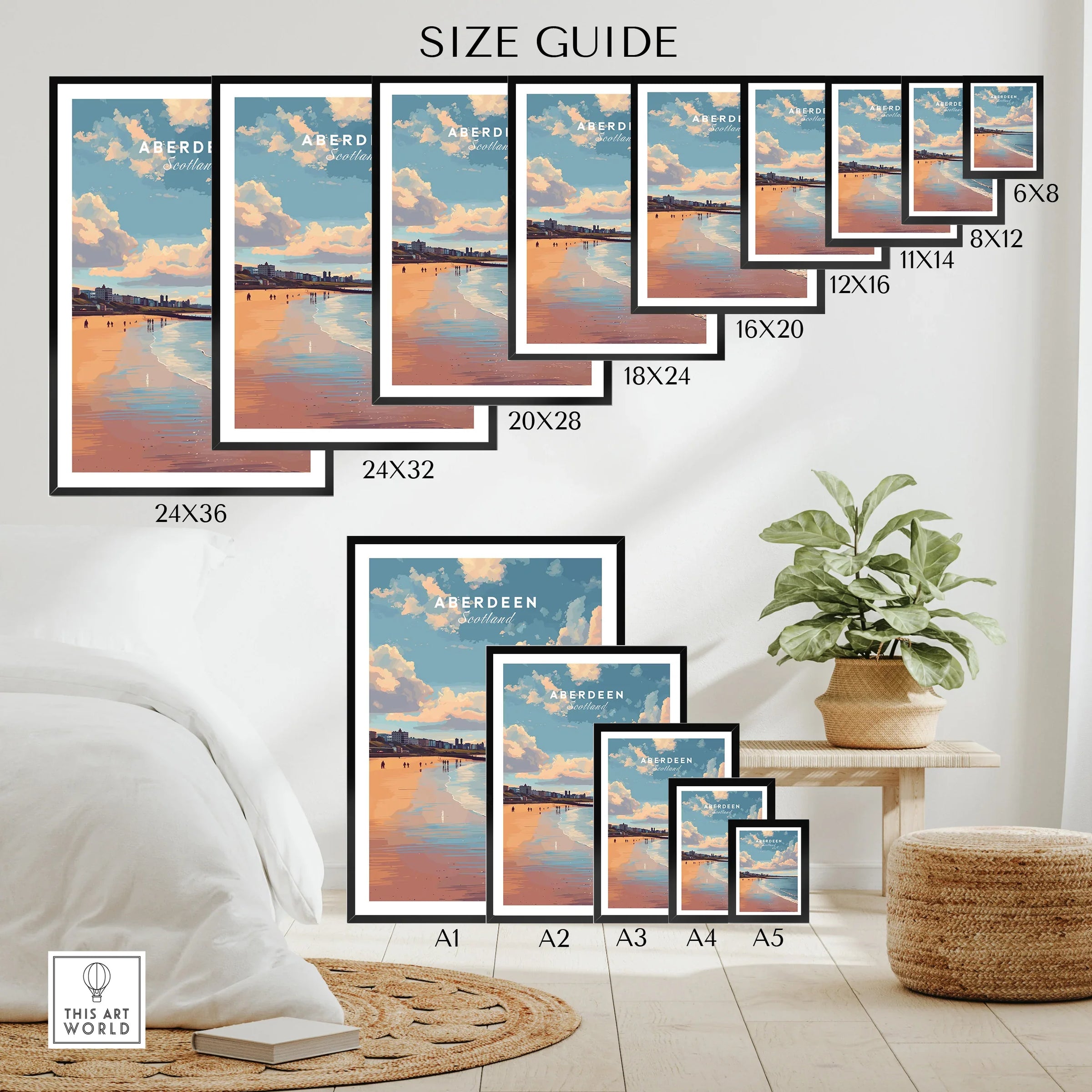 Aberdeen Scotland travel poster size guide for wall art, featuring beach skyline print in multiple frame sizes.