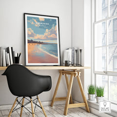 Aberdeen Scotland travel poster print with beach skyline, perfect for home wall art decor