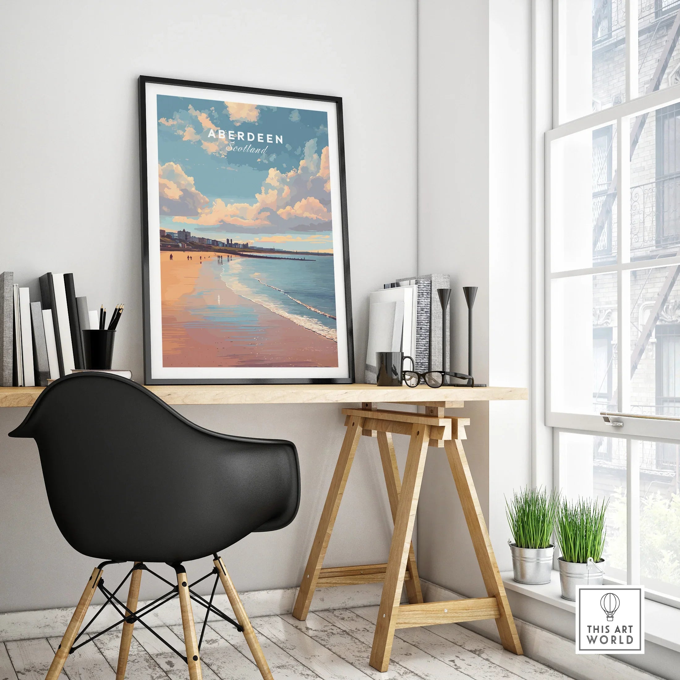Aberdeen Scotland travel poster print with beach skyline, perfect for home wall art decor