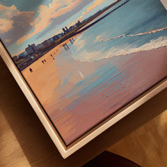 Coastal cityscape wall art with beach, waves, and skyline at sunset, perfect for home decor
