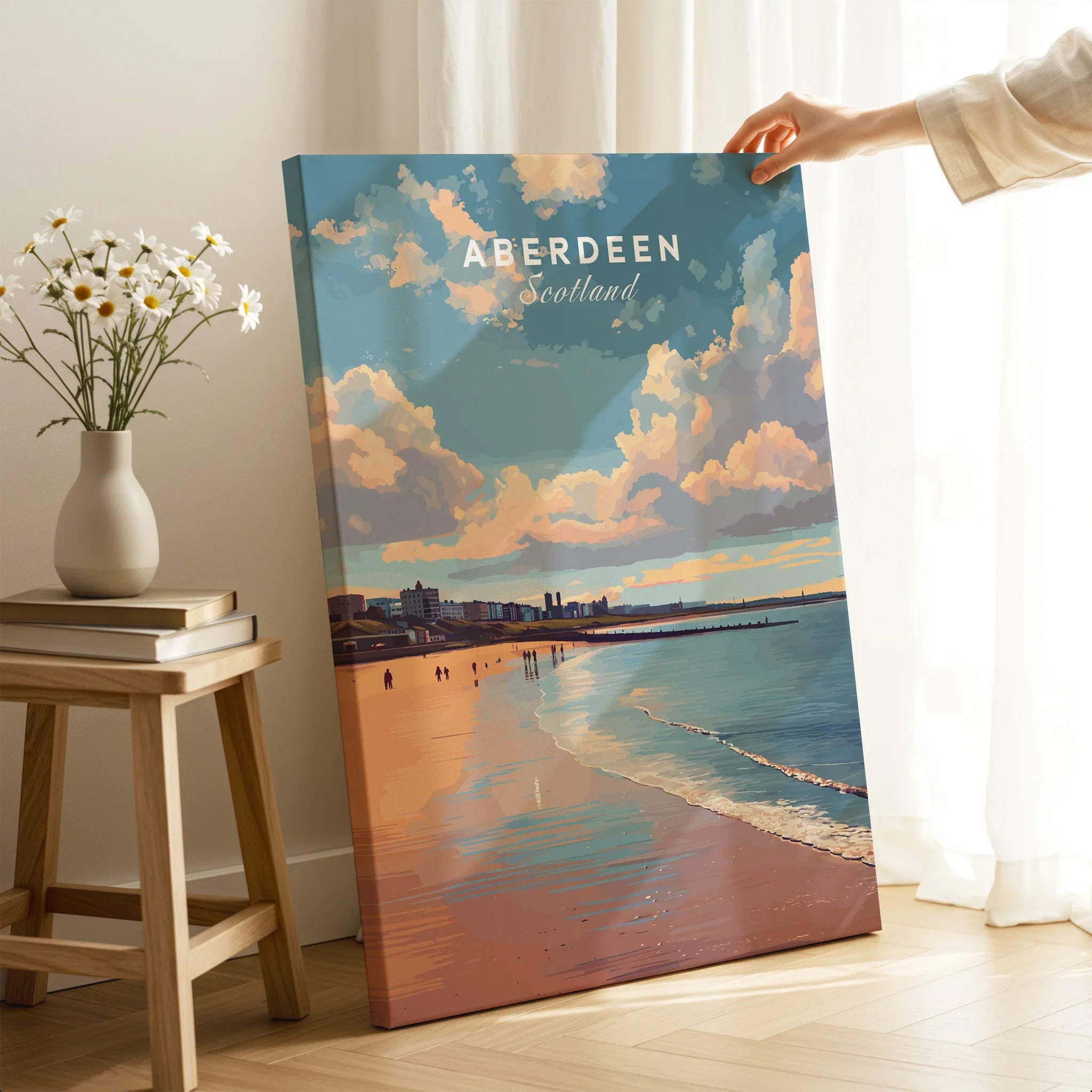 Aberdeen Scotland travel poster canvas art with beach skyline, perfect for home wall decor