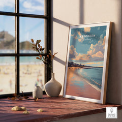 Aberdeen Scotland travel poster print with beach sunset, perfect for coastal wall art and home decor.