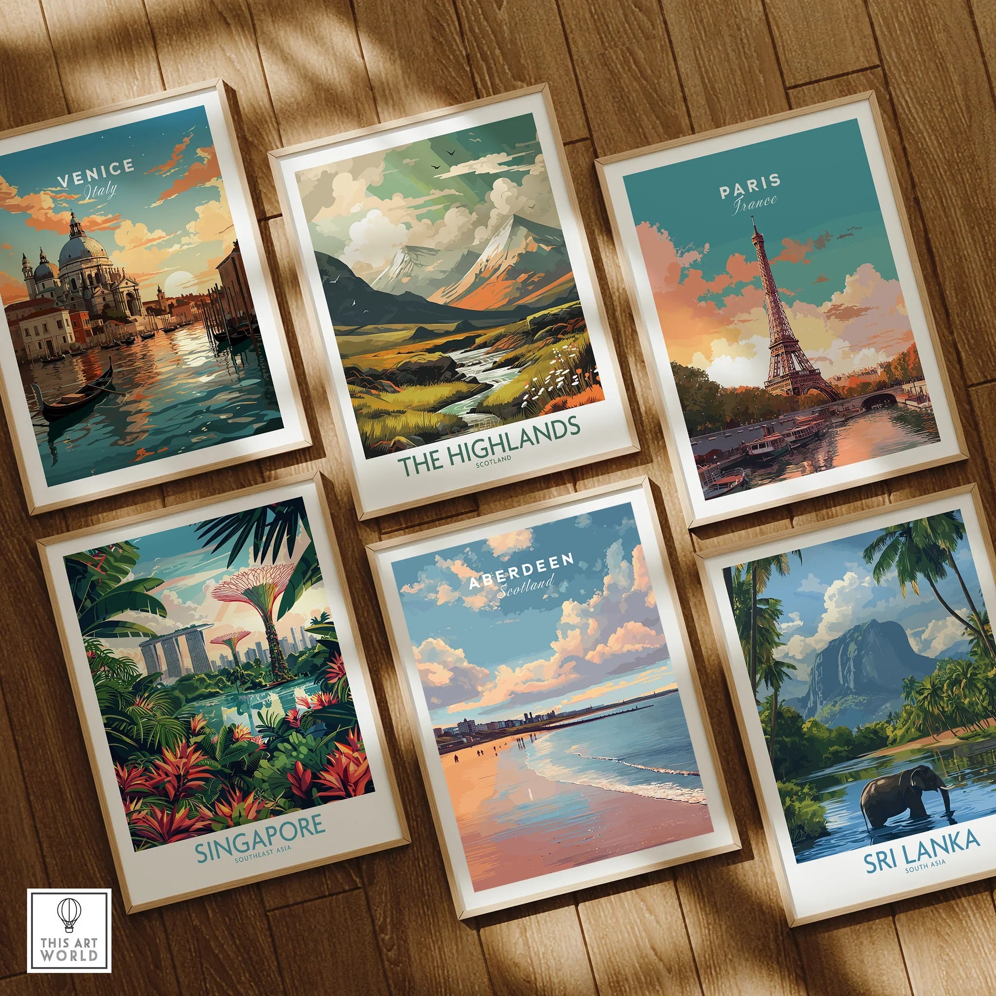 Framed travel posters of Venice, Paris, Highlands, Singapore, Aberdeen, Sri Lanka for wall art decor