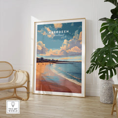 Aberdeen Scotland travel poster print with beach sunset, city skyline, and clouds, framed wall art for home decor.