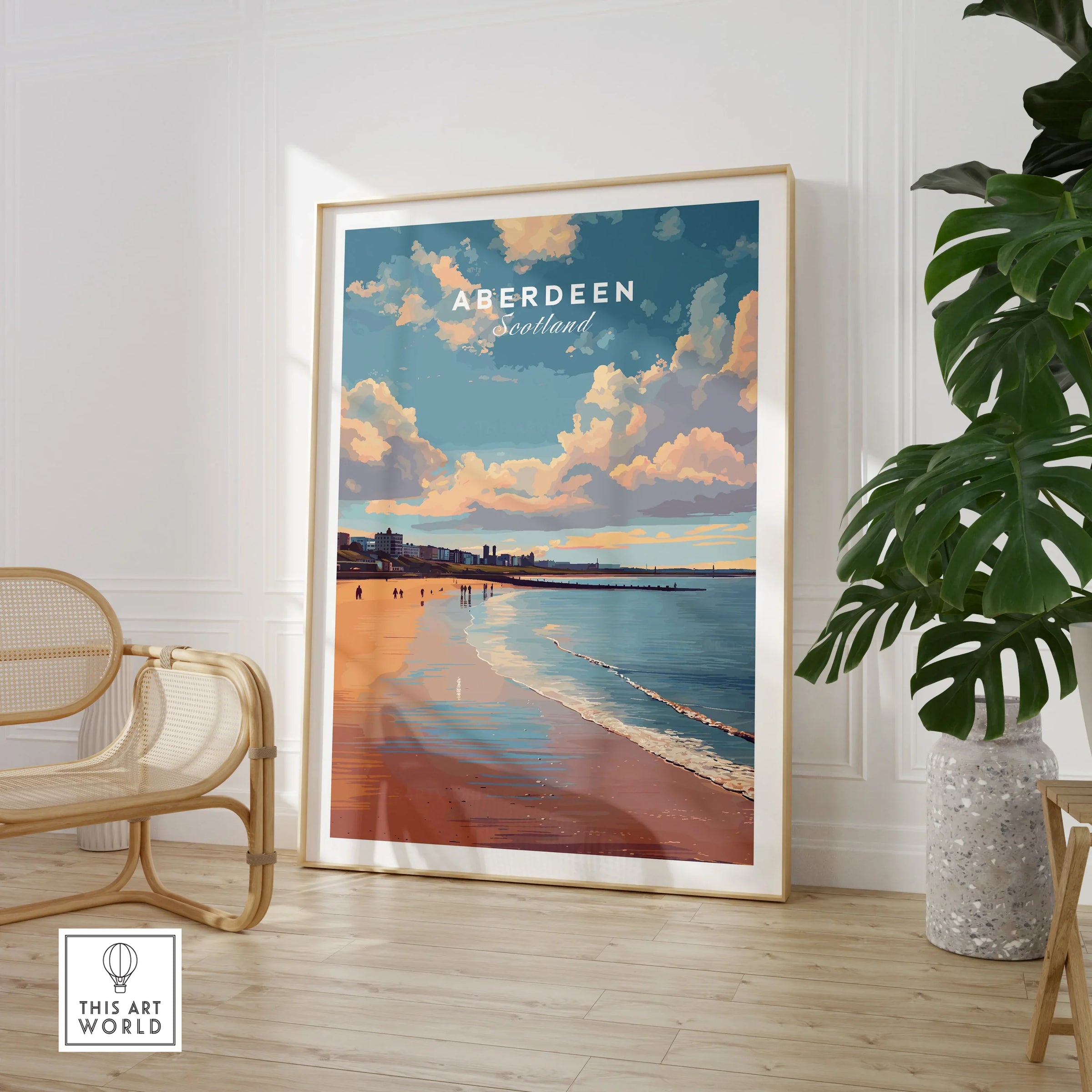 Aberdeen Scotland travel poster print with beach sunset, city skyline, and clouds, framed wall art for home decor.