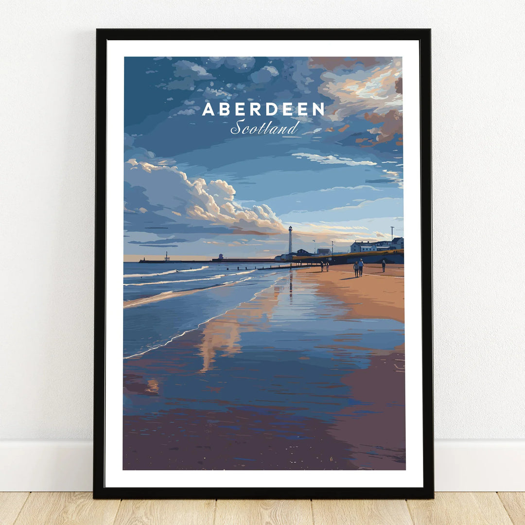 Aberdeen Scotland travel poster print with beach, lighthouse, and cloudy sky, framed wall art for home decor
