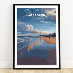 Aberdeen Scotland travel poster print with beach, lighthouse, and cloudy sky, framed wall art for home decor