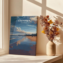 Aberdeen Scotland travel poster print on canvas, beach sunset scene with lighthouse, home decor wall art