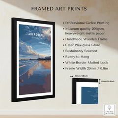 Aberdeen Scotland travel poster print in black frame, beach scene with sky and ocean, ready to hang wall art