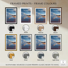 Aberdeen Scotland travel poster in eight frame colors: black, white, natural, brown, gold, silver, dark grey, light grey