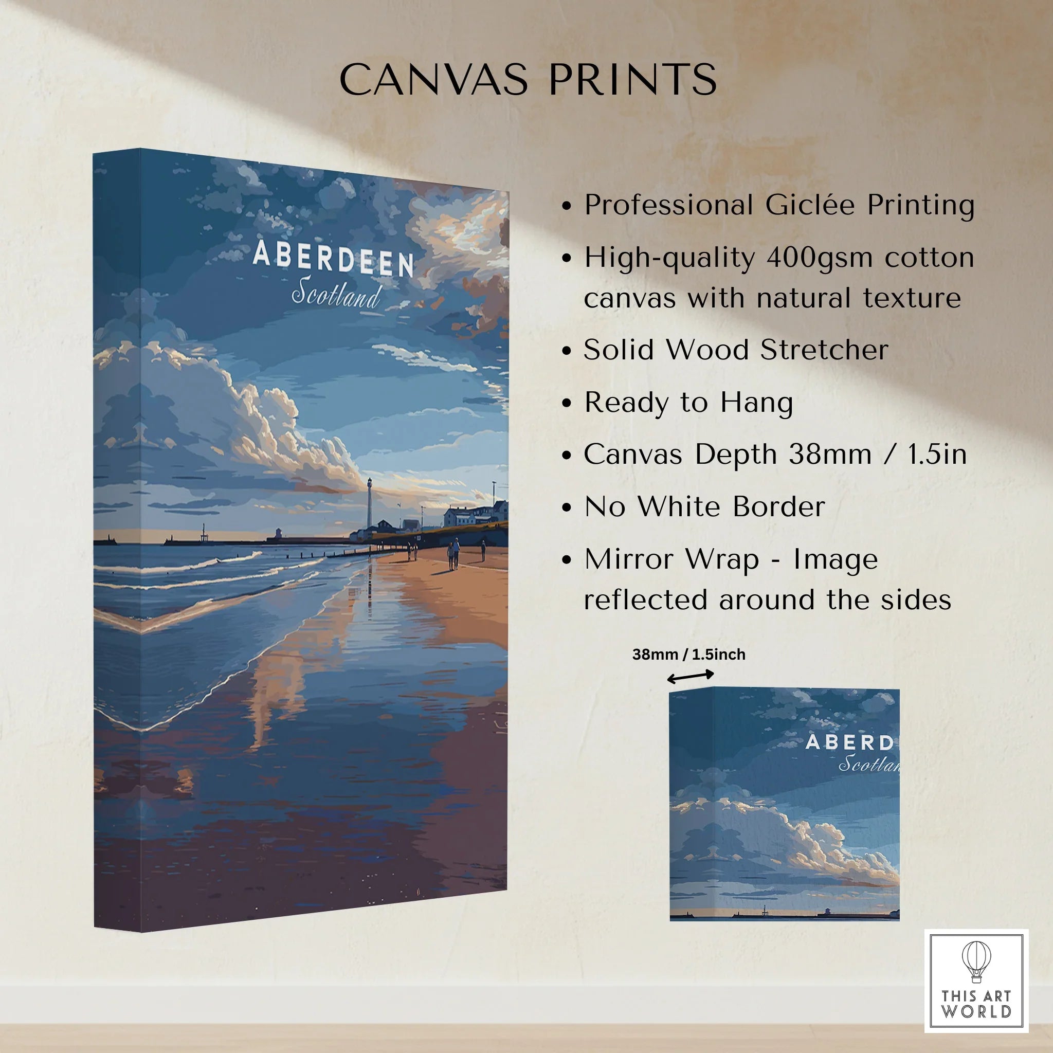 Aberdeen Scotland travel poster canvas print with beach, sky, and lighthouse, ready to hang wall art