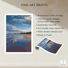 Aberdeen Scotland travel poster print with beach, lighthouse, and sky, fine art wall decor ready to frame