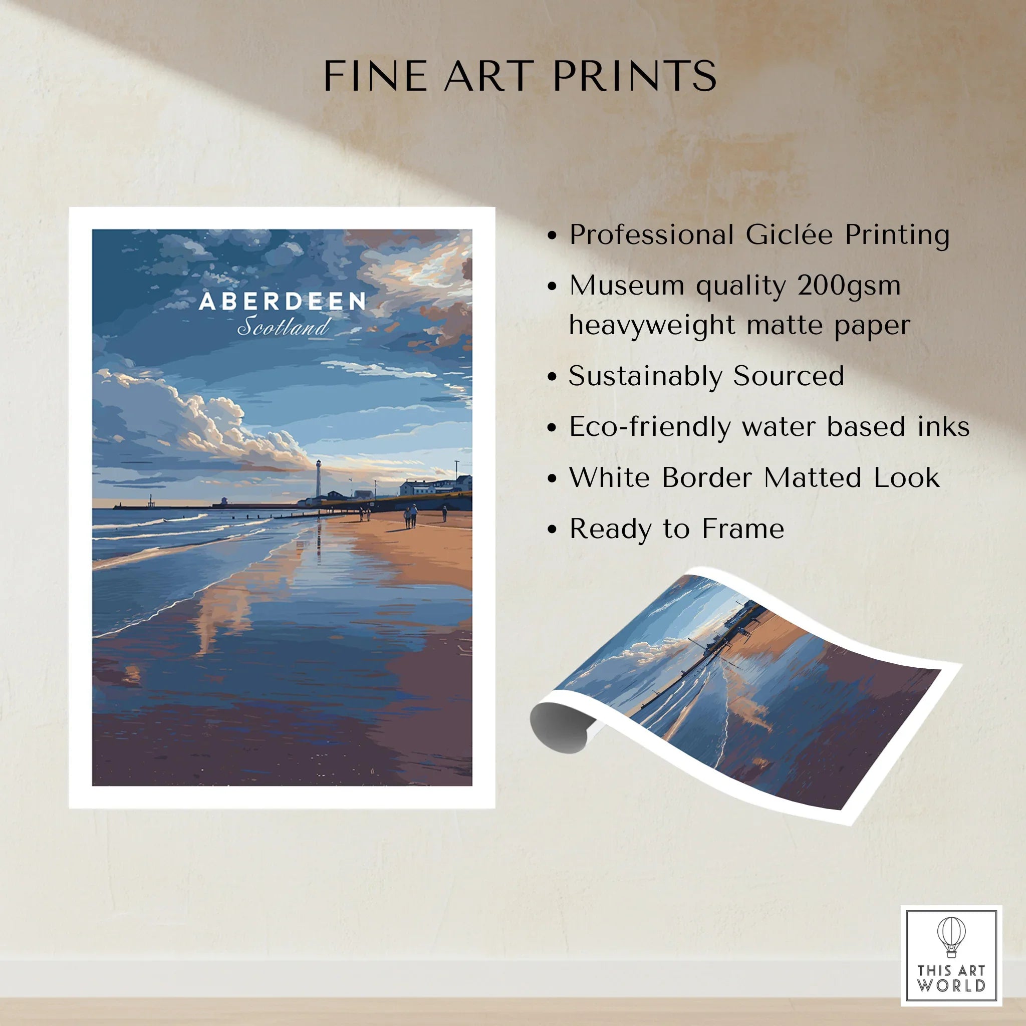 Aberdeen Scotland travel poster print with beach, lighthouse, and sky, fine art wall decor ready to frame