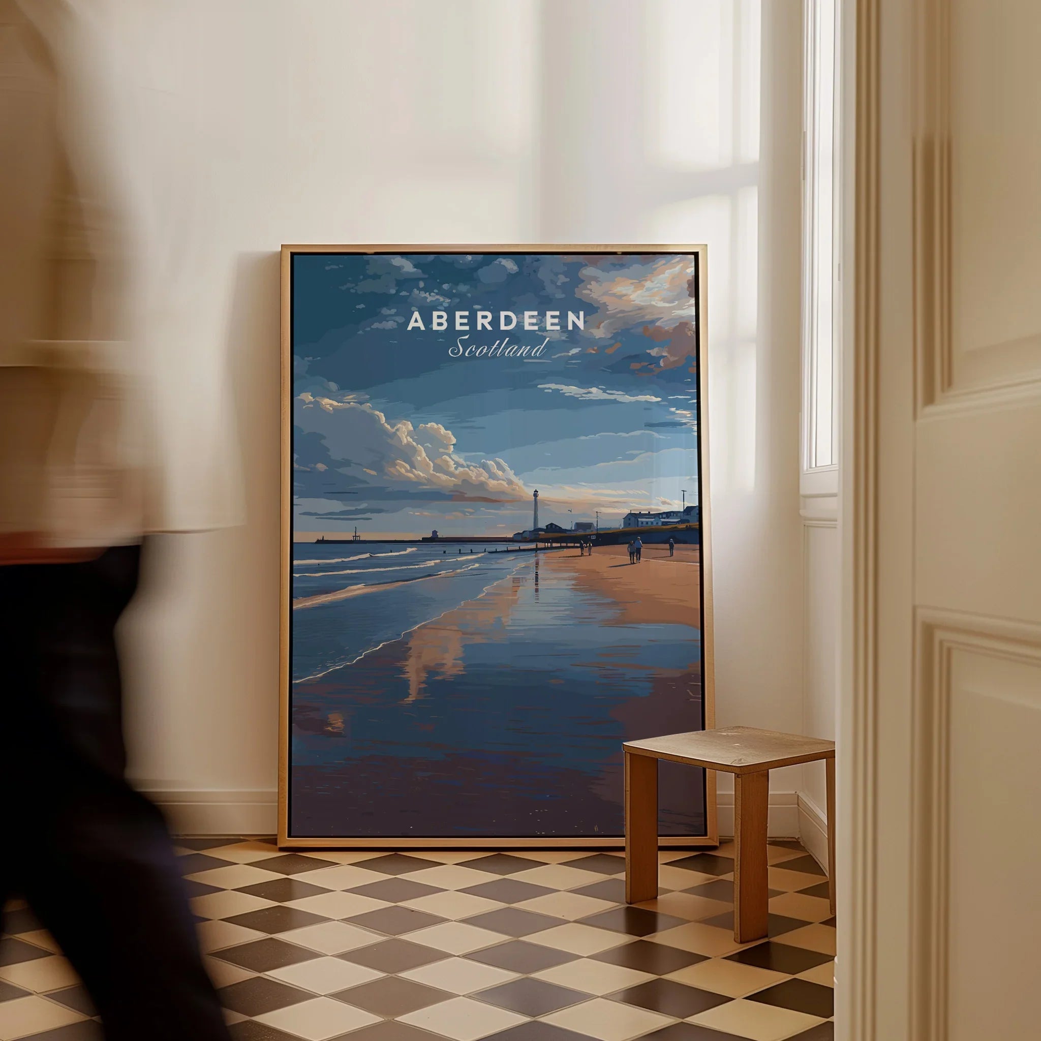 Aberdeen Scotland travel poster print with beach, lighthouse, and sunset sky, framed wall art for home decor