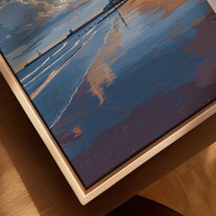 Coastal sunset canvas art with harbor pier, ships, and reflective water, framed in light wood for home decor