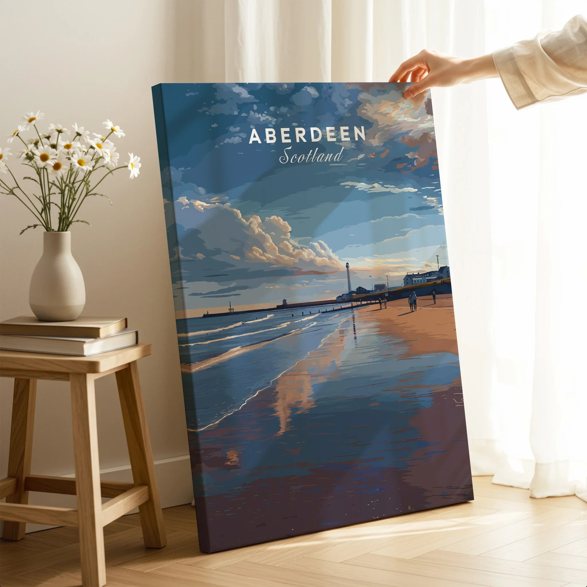 Aberdeen Scotland travel poster canvas art with beach, lighthouse, and cloudy sky for home decor