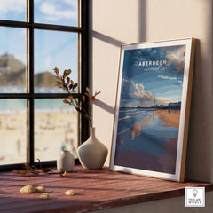 Aberdeen Scotland travel poster print, coastal beach scene wall art for home decor