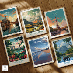 Framed travel posters of Venice, Paris, Highlands, Singapore, Aberdeen, Sri Lanka for wall art decor