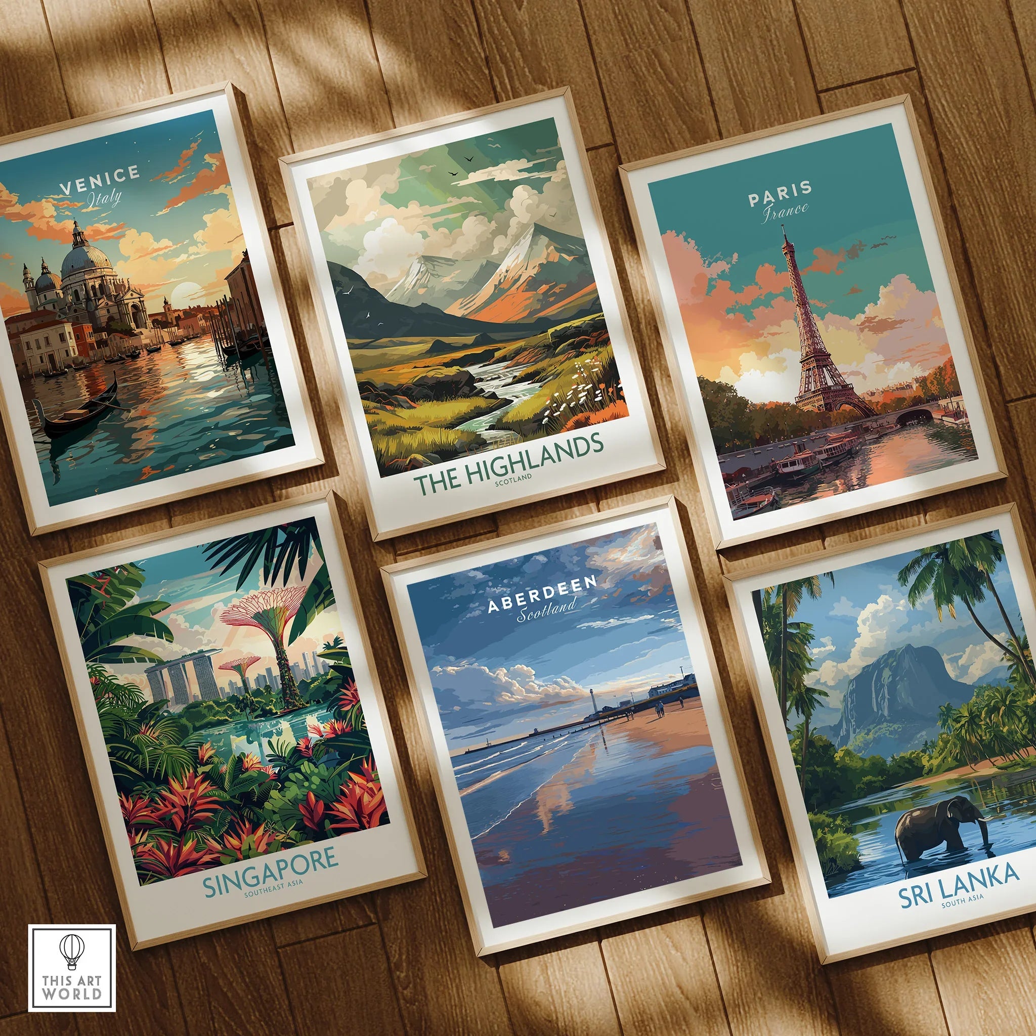Framed travel posters of Venice, Paris, Highlands, Singapore, Aberdeen, Sri Lanka for wall art decor