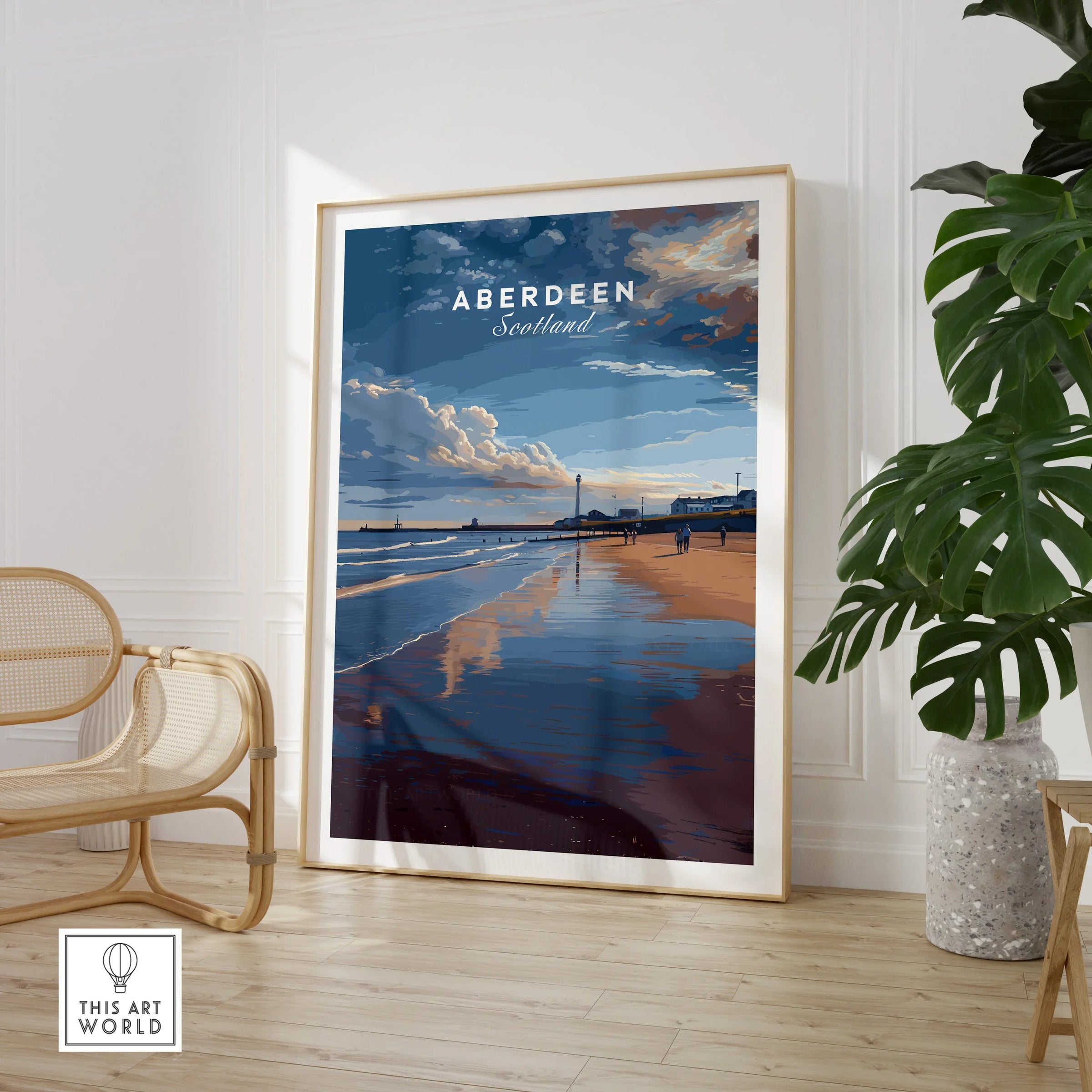 Aberdeen Scotland travel poster print with beach, lighthouse, and sunset sky, framed wall art for home decor