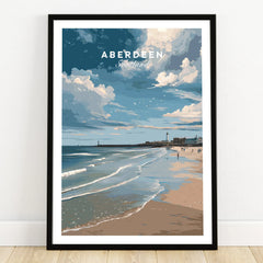 Aberdeen Scotland travel poster print with beach, lighthouse, and cloudy sky, perfect wall art for home decor.