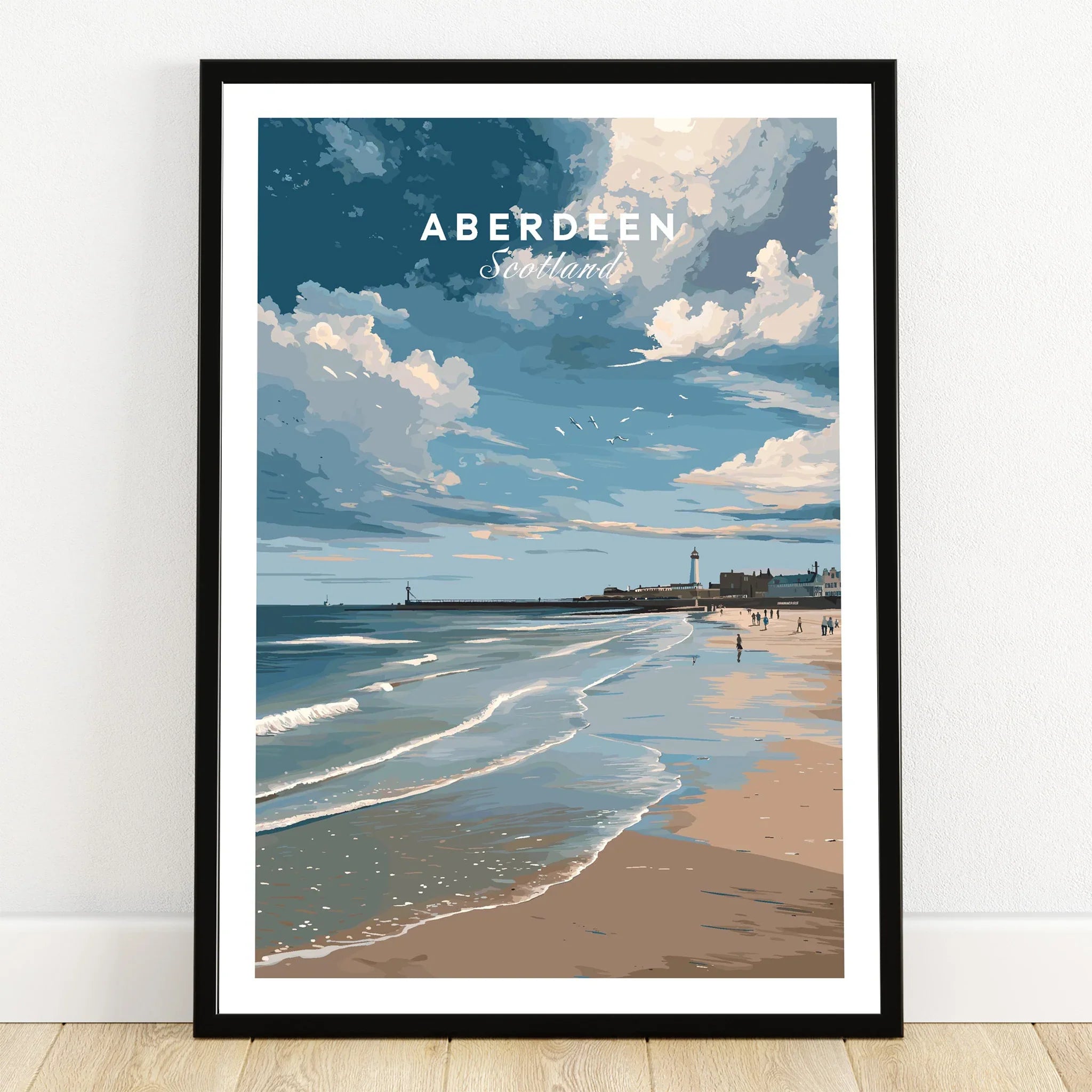 Aberdeen Scotland travel poster print with beach, lighthouse, and cloudy sky, perfect wall art for home decor.