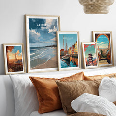 Framed travel posters of Paris, Aberdeen, Copenhagen, Tokyo, Barcelona for wall art decor