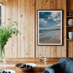 Aberdeen Scotland travel poster print featuring beach, waves, and lighthouse, perfect for coastal wall art decor.