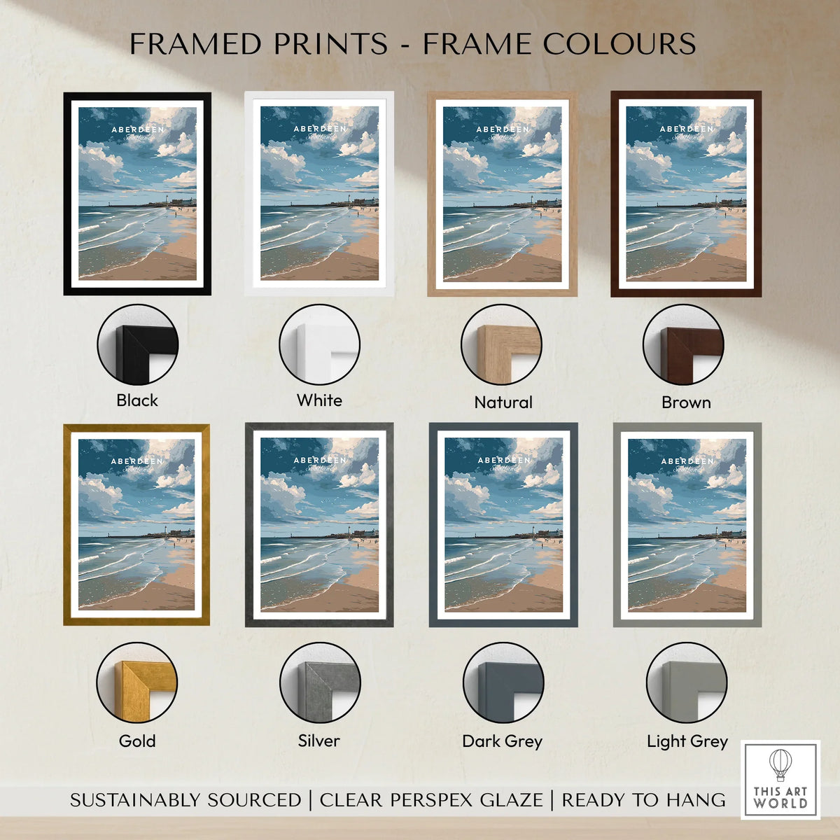 Aberdeen Scotland beach print in 8 frame colors: black, white, natural, brown, gold, silver, dark grey, light grey