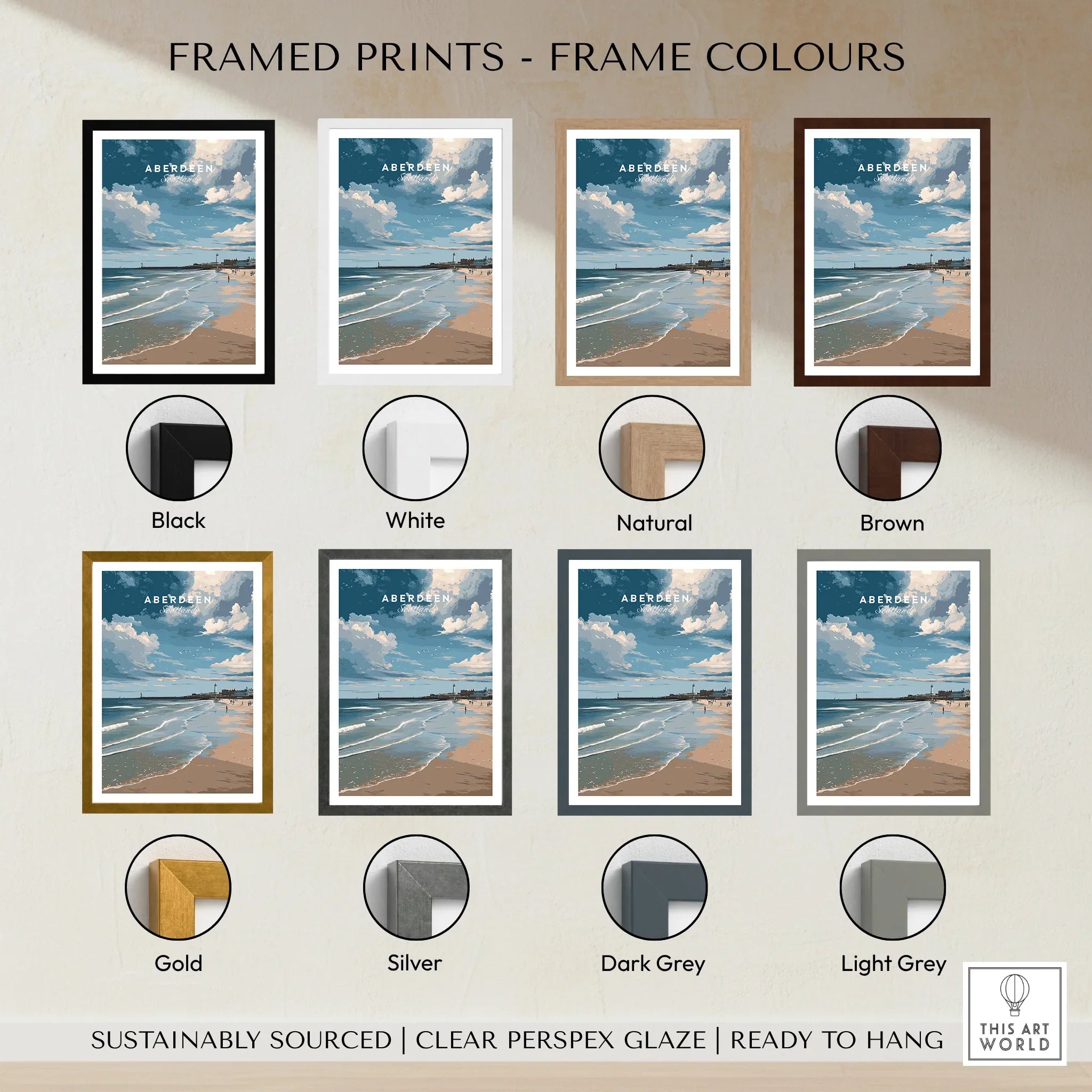 Aberdeen Scotland beach print in 8 frame colors: black, white, natural, brown, gold, silver, dark grey, light grey